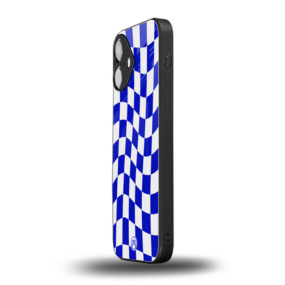 blue white trippy check pattern back phone cover | glass case for iphone 16