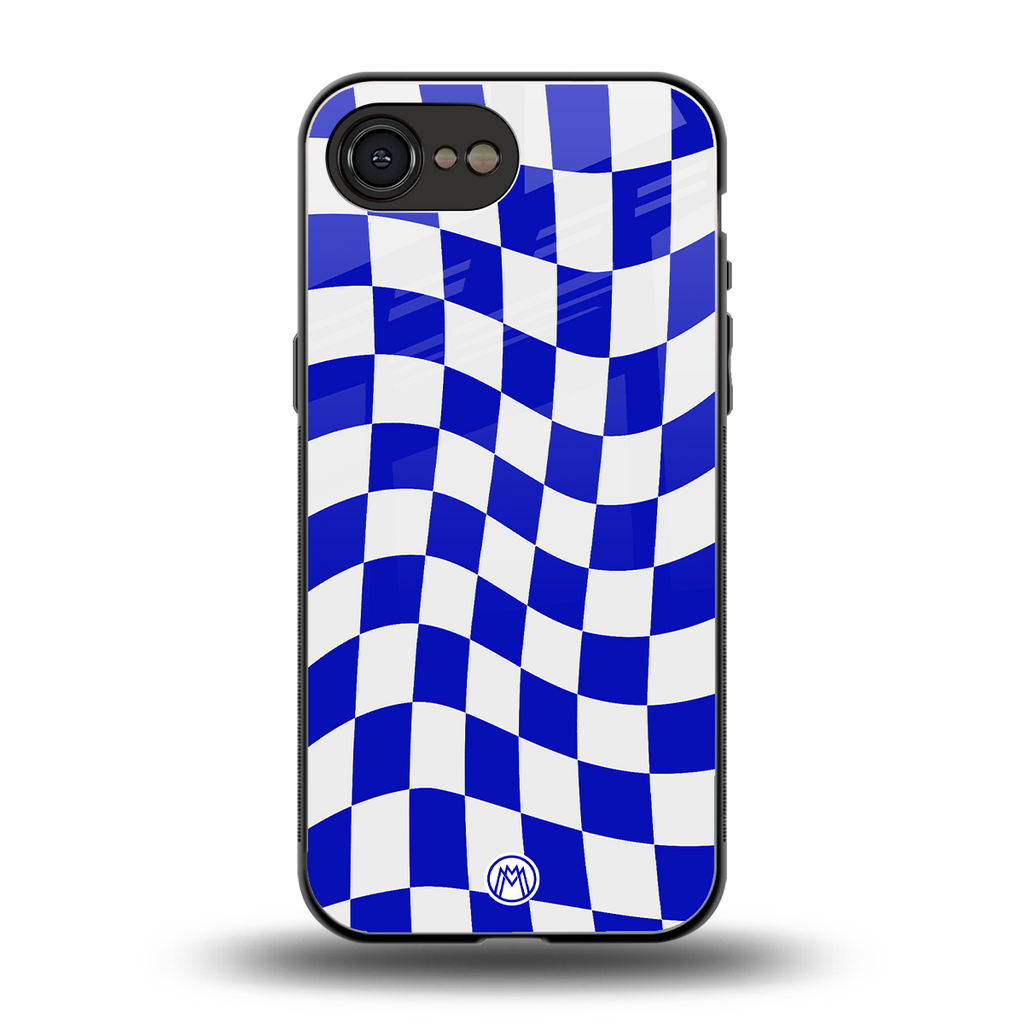 blue white trippy check pattern back phone cover | glass case for iphone 16e