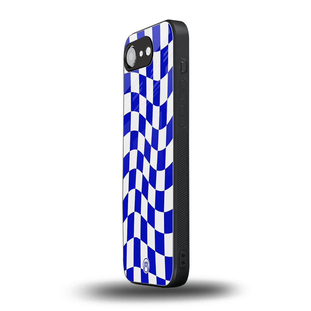 blue white trippy check pattern back phone cover | glass case for iphone 16e