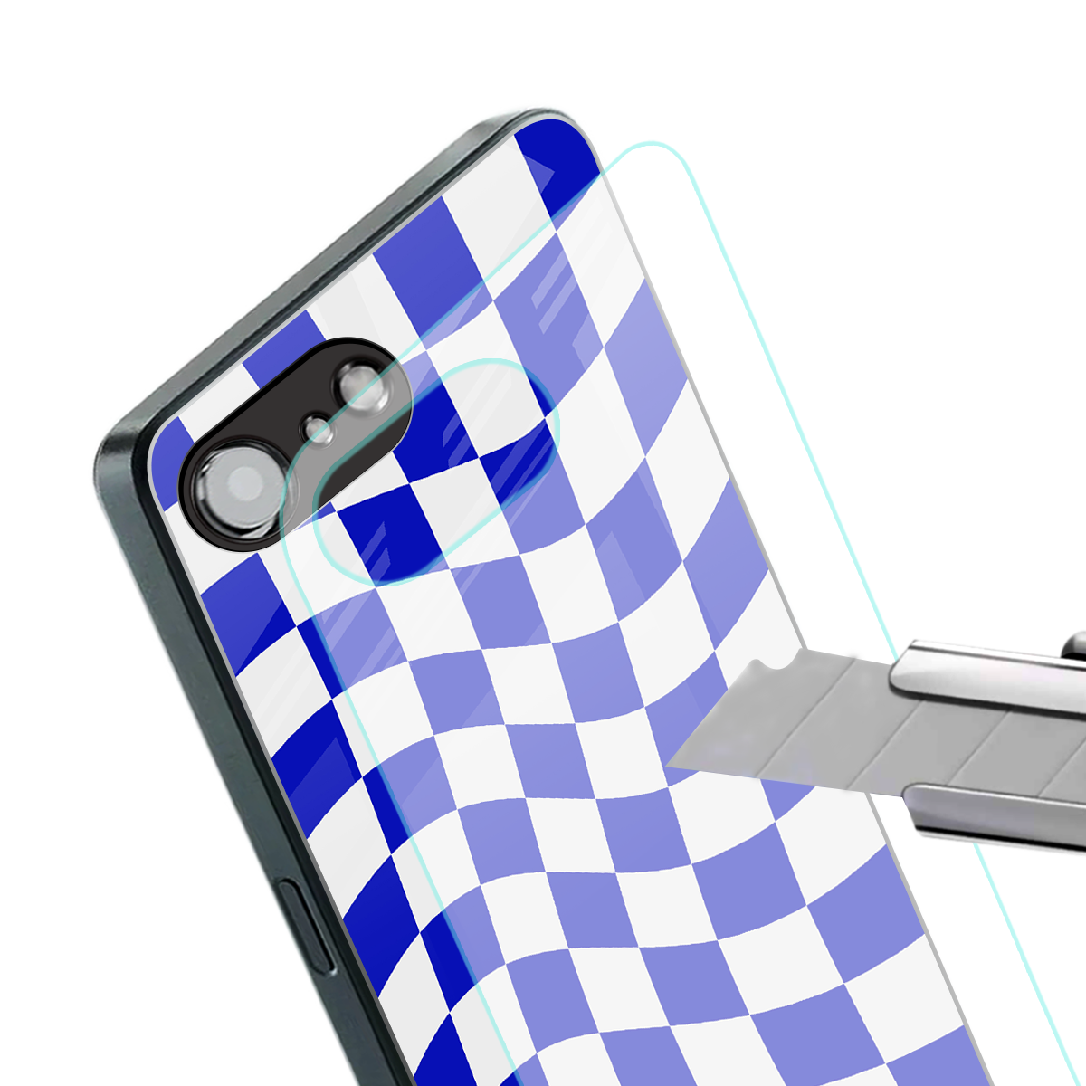 blue white trippy check pattern back phone cover | glass case for iphone 16e