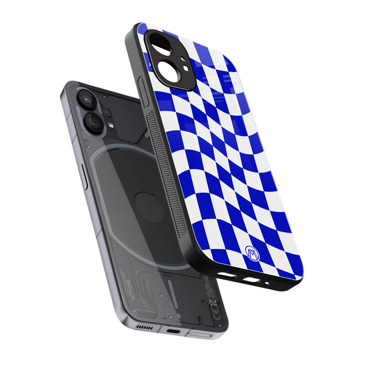 blue white trippy check pattern back phone cover | glass case for nothing phone 1