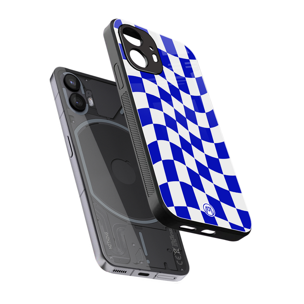 blue white trippy check pattern back phone cover | glass case for nothing phone 2