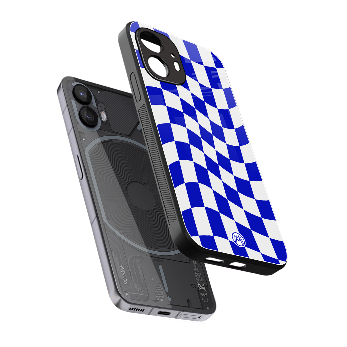 blue white trippy check pattern back phone cover | glass case for nothing phone 2
