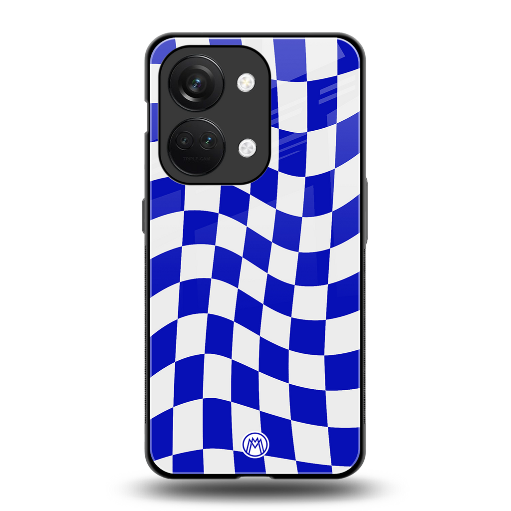 blue white trippy check pattern back phone cover | glass case for oneplus nord 3