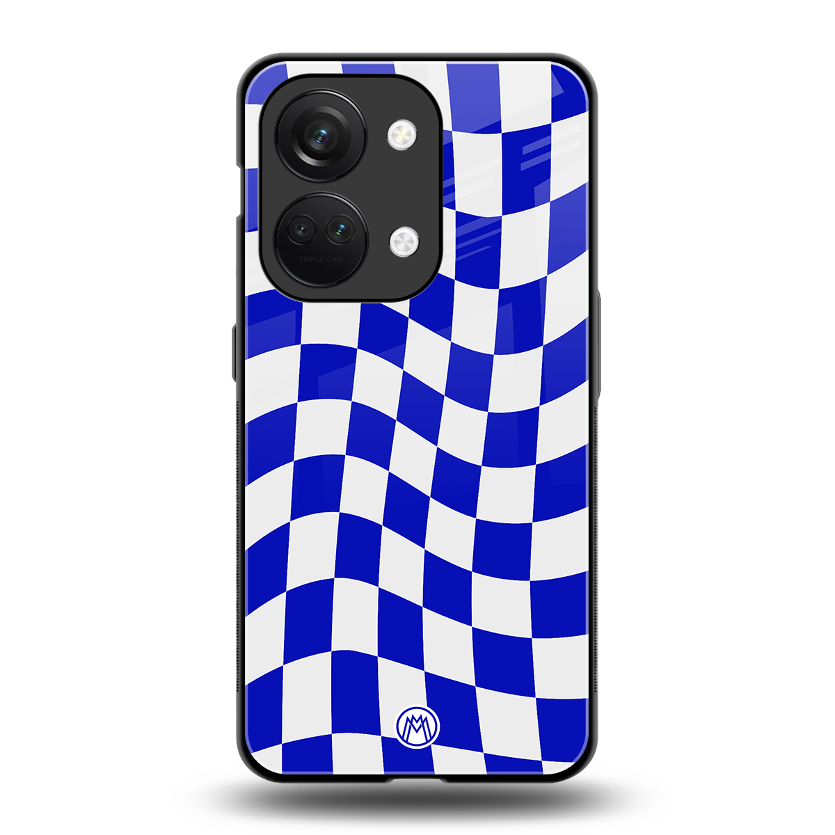 blue white trippy check pattern back phone cover | glass case for oneplus nord 3