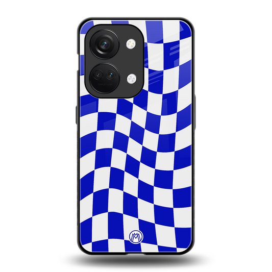 blue white trippy check pattern back phone cover | glass case for oneplus nord 3