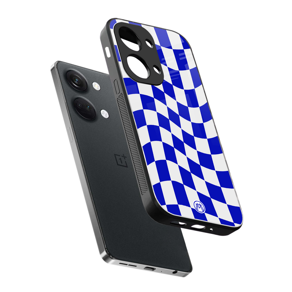 blue white trippy check pattern back phone cover | glass case for oneplus nord 3
