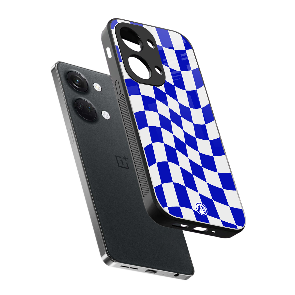 blue white trippy check pattern back phone cover | glass case for oneplus nord 3