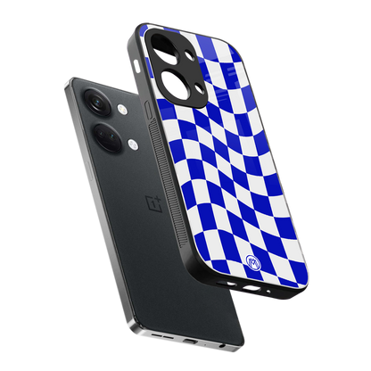 blue white trippy check pattern back phone cover | glass case for oneplus nord 3