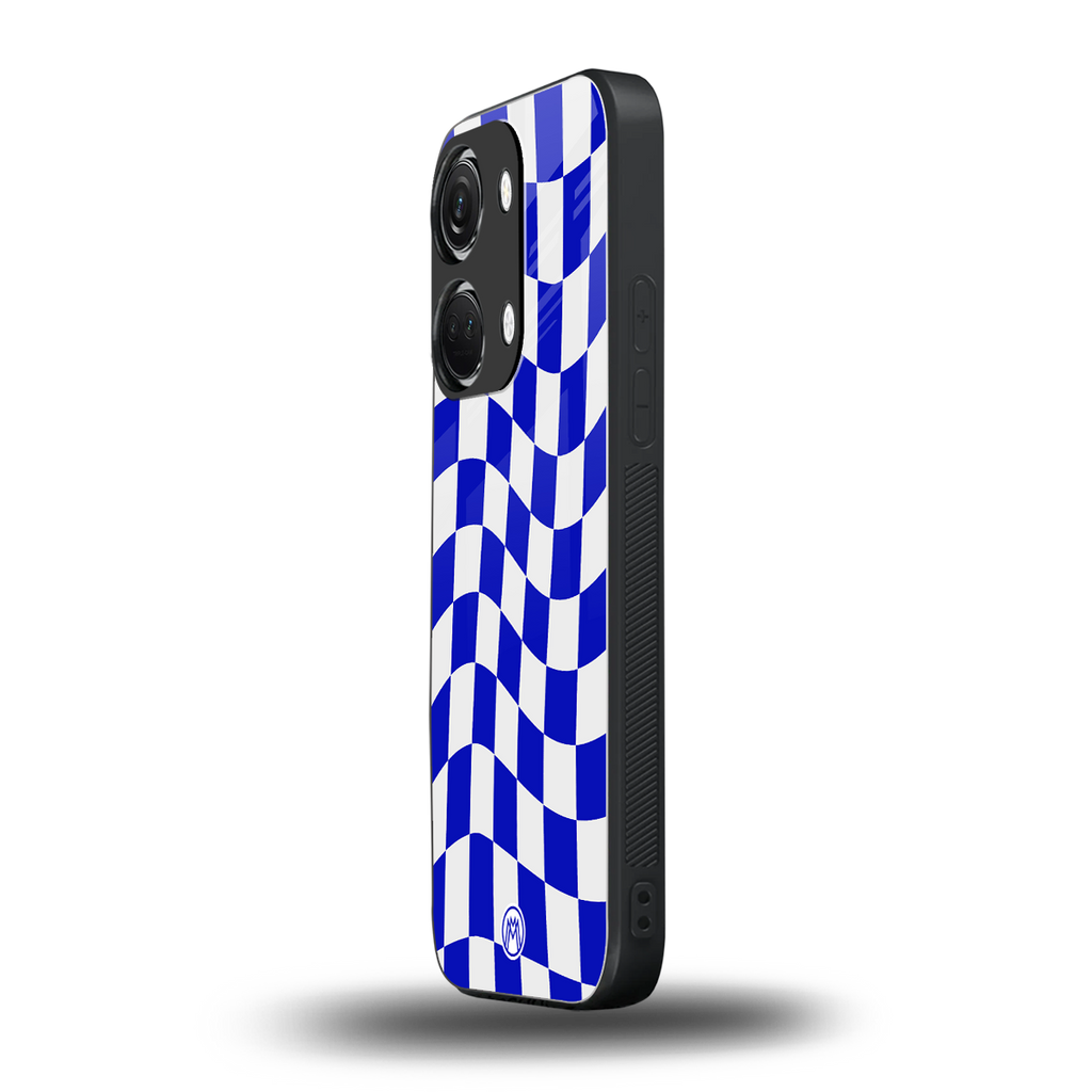 blue white trippy check pattern back phone cover | glass case for oneplus nord 3