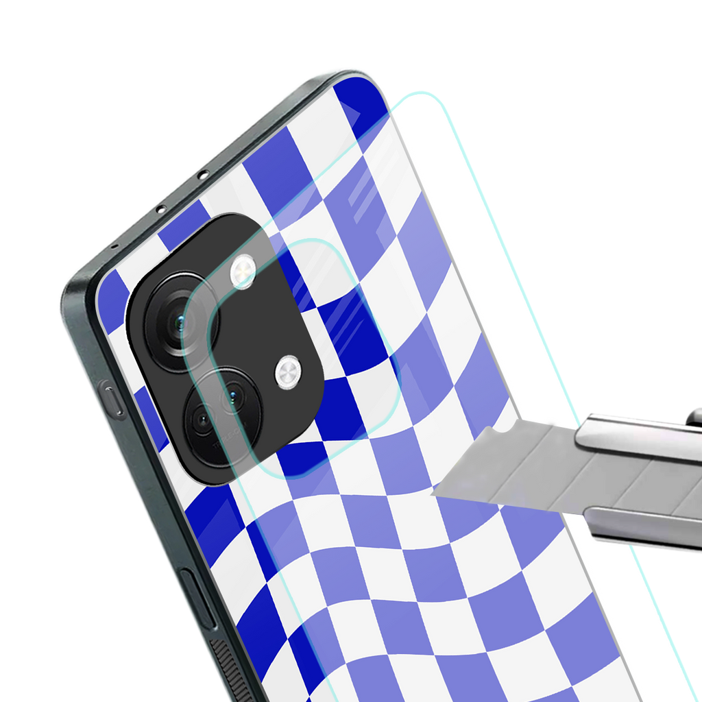 blue white trippy check pattern back phone cover | glass case for oneplus nord 3