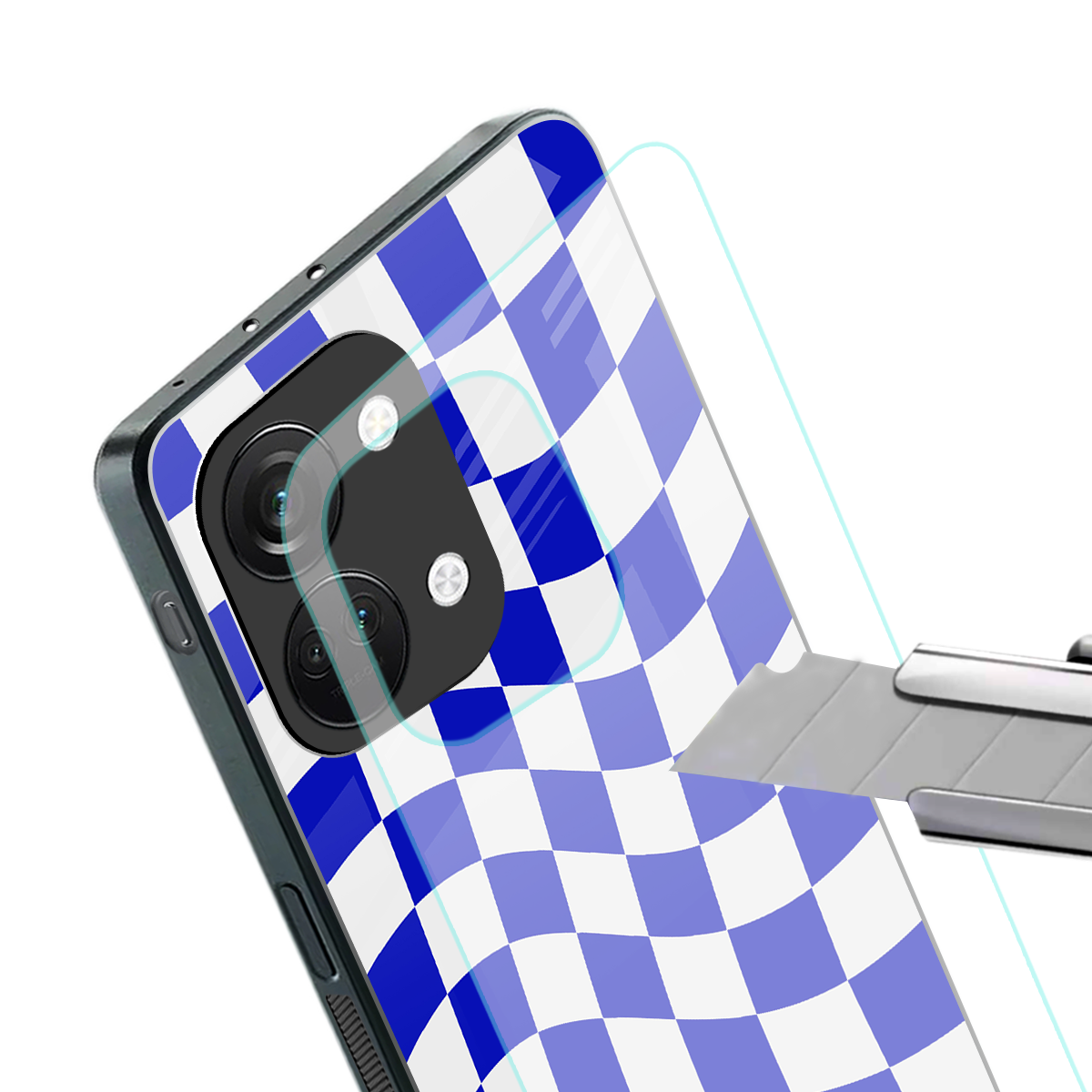 blue white trippy check pattern back phone cover | glass case for oneplus nord 3
