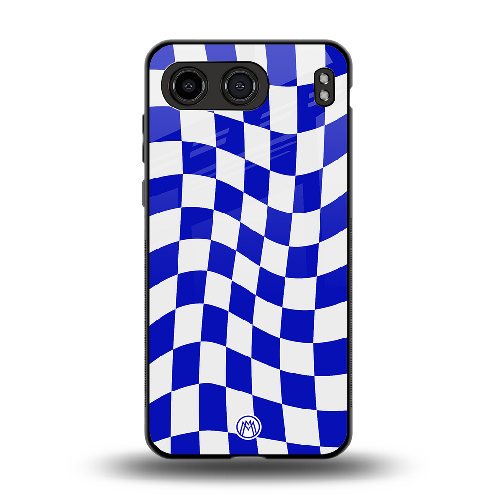 blue white trippy check pattern back phone cover | glass case for oneplus nord 4