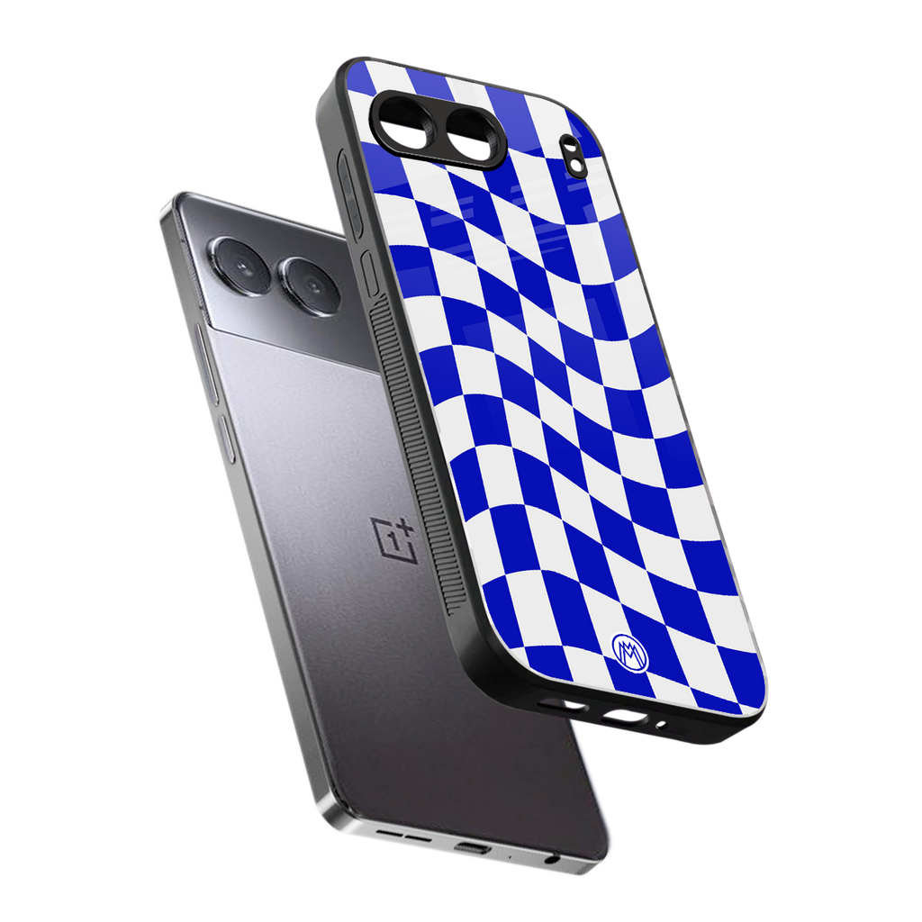 blue white trippy check pattern back phone cover | glass case for oneplus nord 4