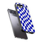 blue white trippy check pattern back phone cover | glass case for oneplus nord 4