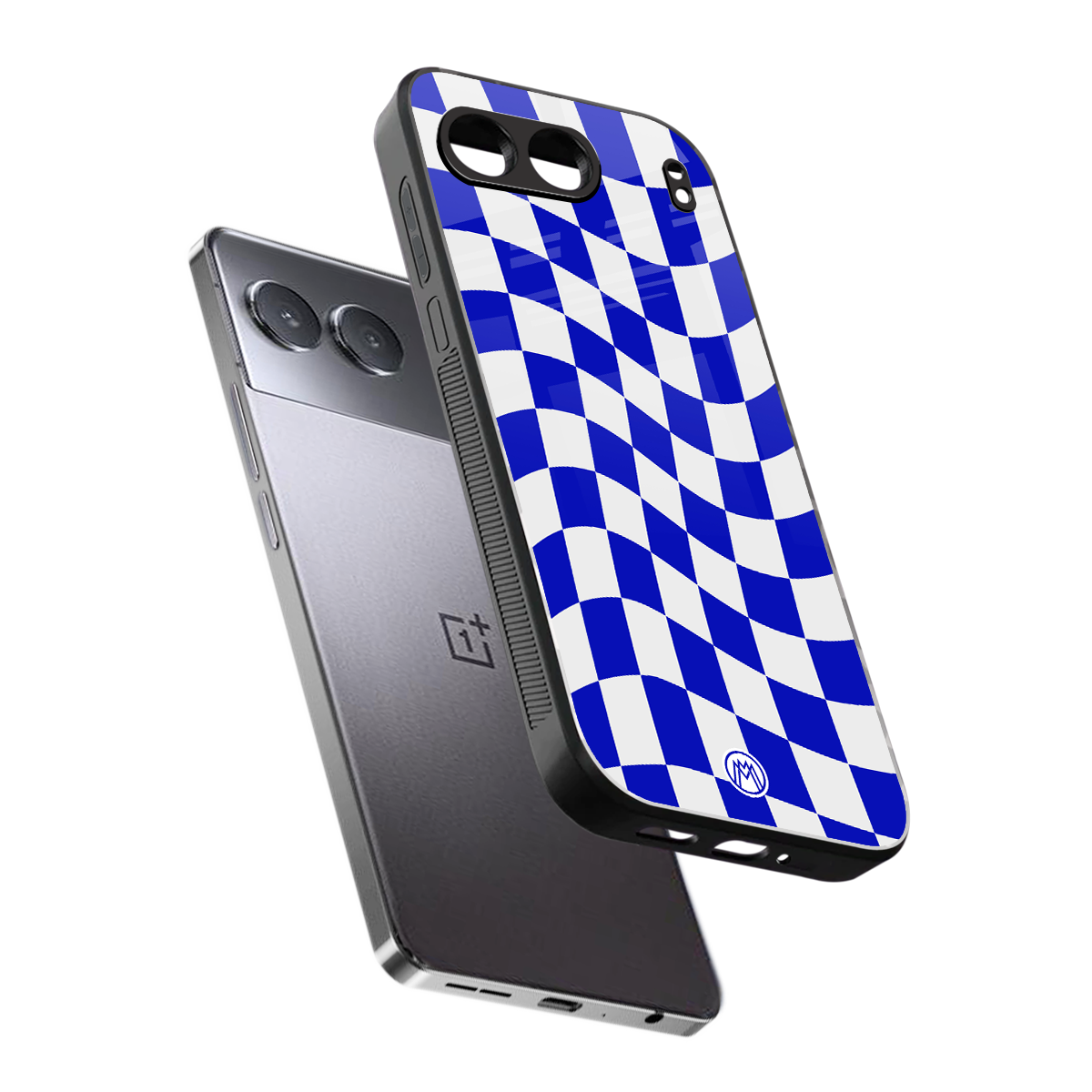 blue white trippy check pattern back phone cover | glass case for oneplus nord 4