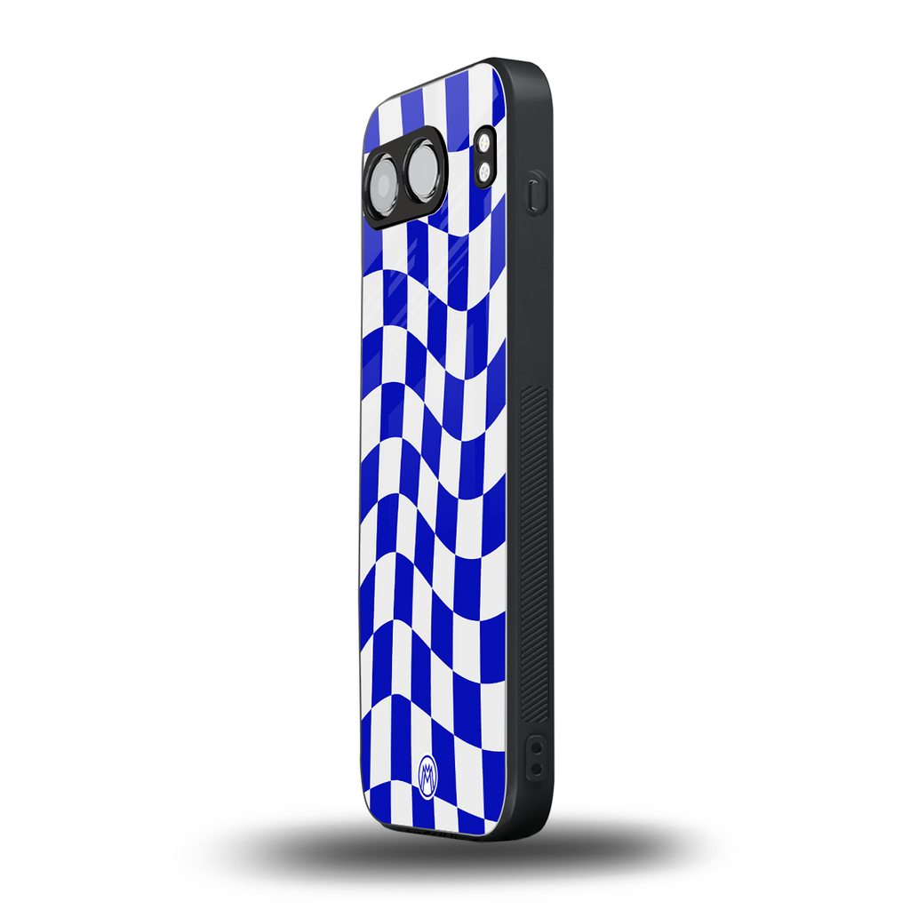 blue white trippy check pattern back phone cover | glass case for oneplus nord 4