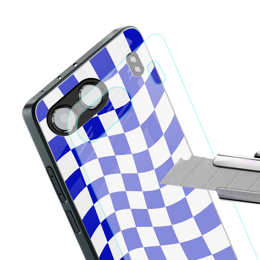blue white trippy check pattern back phone cover | glass case for oneplus nord 4