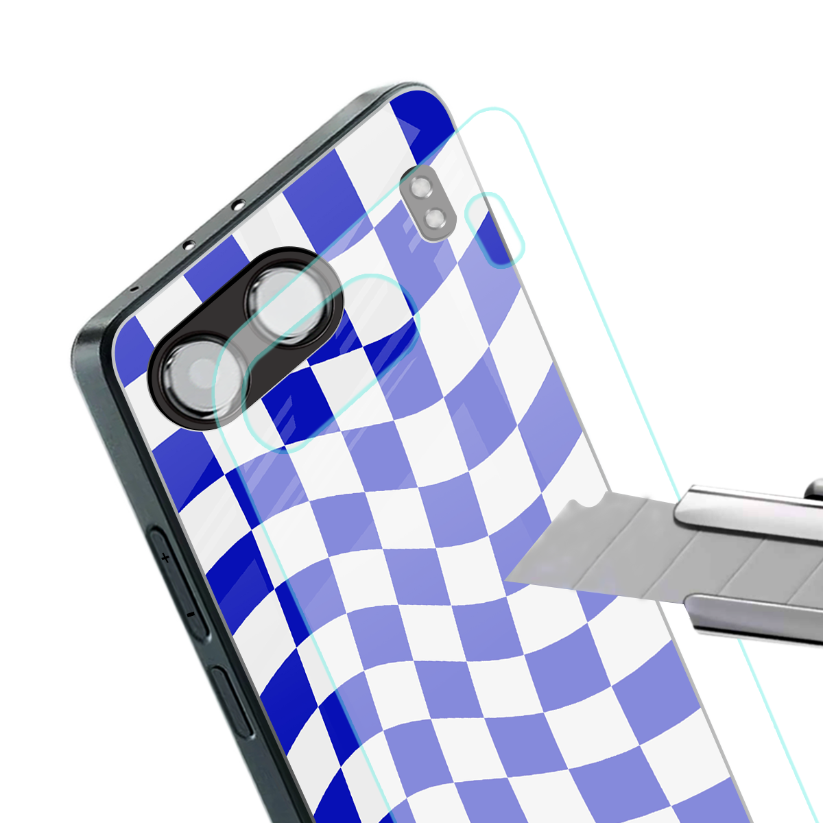 blue white trippy check pattern back phone cover | glass case for oneplus nord 4