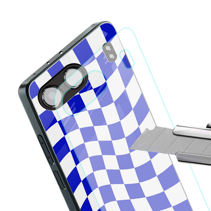 blue white trippy check pattern back phone cover | glass case for oneplus nord 4