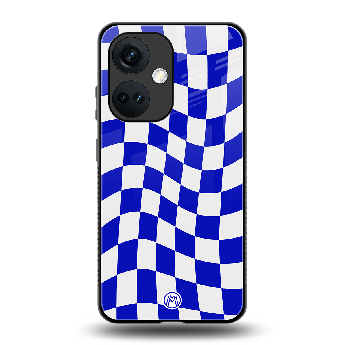 blue white trippy check pattern back phone cover | glass case for oneplus nord ce 3