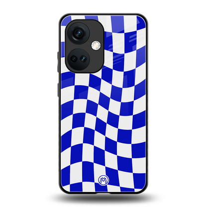 blue white trippy check pattern back phone cover | glass case for oneplus nord ce 3