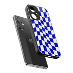 blue white trippy check pattern back phone cover | glass case for oneplus nord ce 3