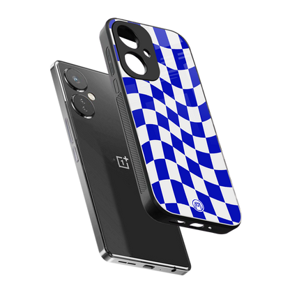 blue white trippy check pattern back phone cover | glass case for oneplus nord ce 3