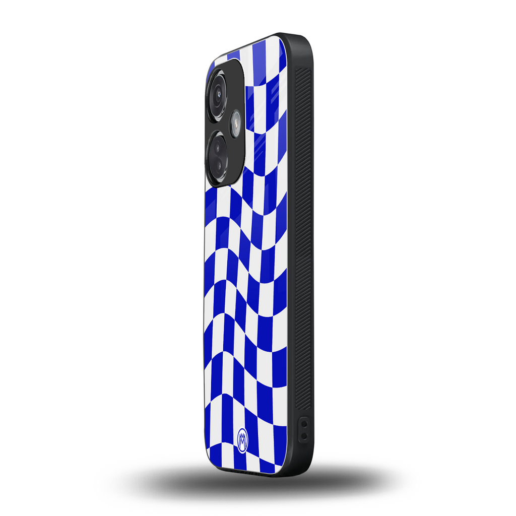blue white trippy check pattern back phone cover | glass case for oneplus nord ce 3