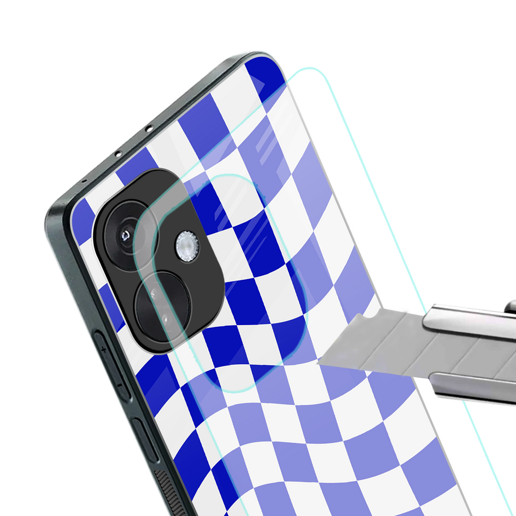 blue white trippy check pattern back phone cover | glass case for oneplus nord ce 3