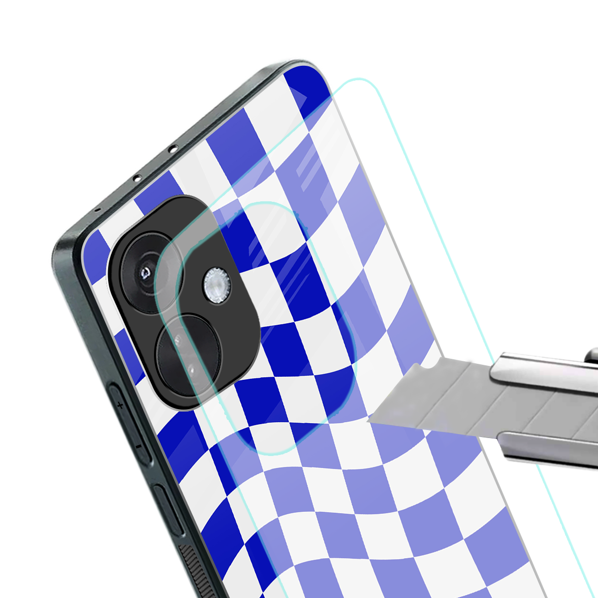blue white trippy check pattern back phone cover | glass case for oneplus nord ce 3