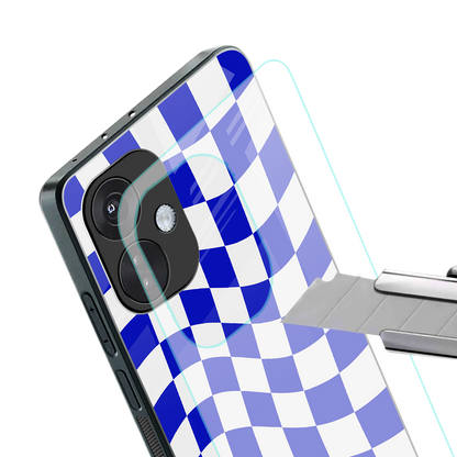 blue white trippy check pattern back phone cover | glass case for oneplus nord ce 3