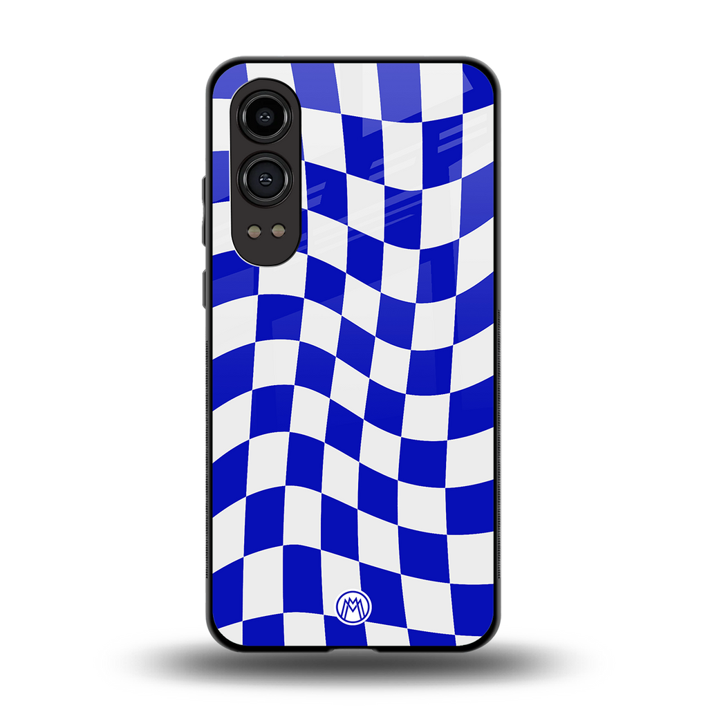 blue white trippy check pattern back phone cover | glass case for oneplus nord ce 4 lite