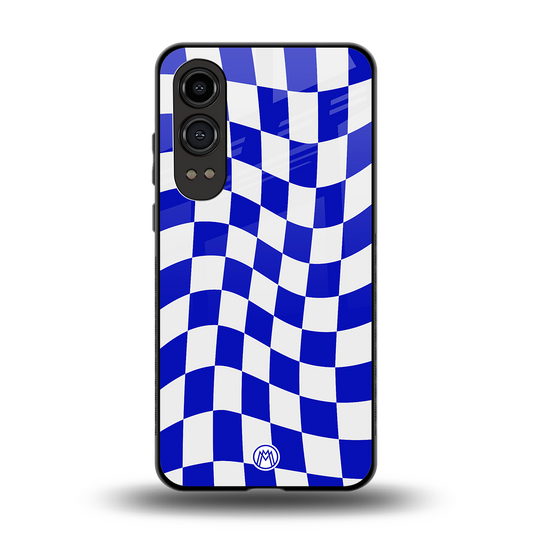 blue white trippy check pattern back phone cover | glass case for oneplus nord ce 4 lite