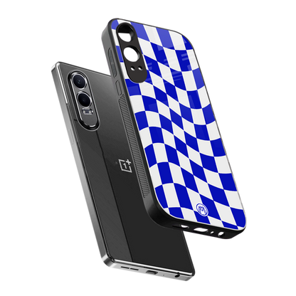 blue white trippy check pattern back phone cover | glass case for oneplus nord ce 4 lite