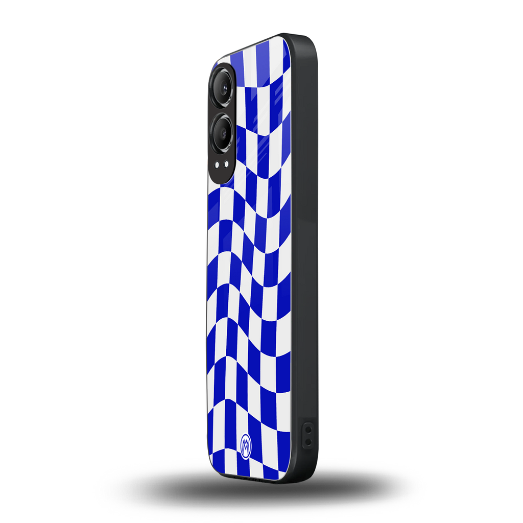 blue white trippy check pattern back phone cover | glass case for oneplus nord ce 4 lite