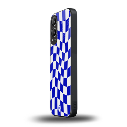 blue white trippy check pattern back phone cover | glass case for oneplus nord ce 4 lite
