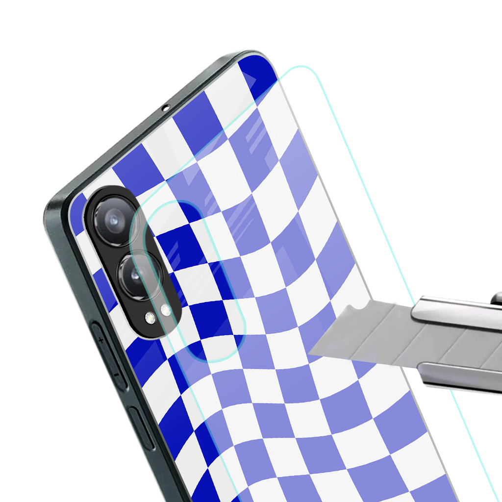 blue white trippy check pattern back phone cover | glass case for oneplus nord ce 4 lite