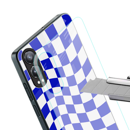 blue white trippy check pattern back phone cover | glass case for oneplus nord ce 4 lite