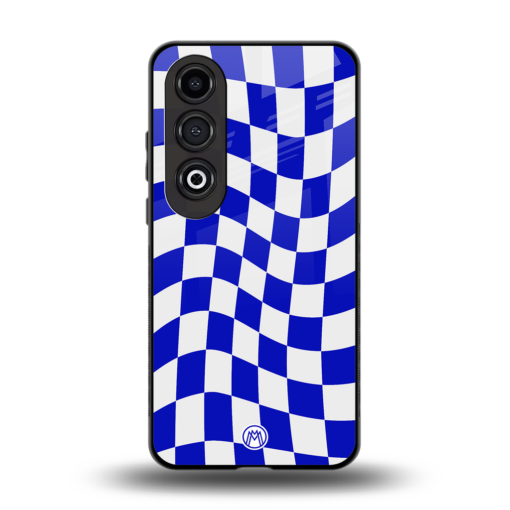 blue white trippy check pattern back phone cover | glass case for oneplus nord ce 4