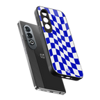 blue white trippy check pattern back phone cover | glass case for oneplus nord ce 4