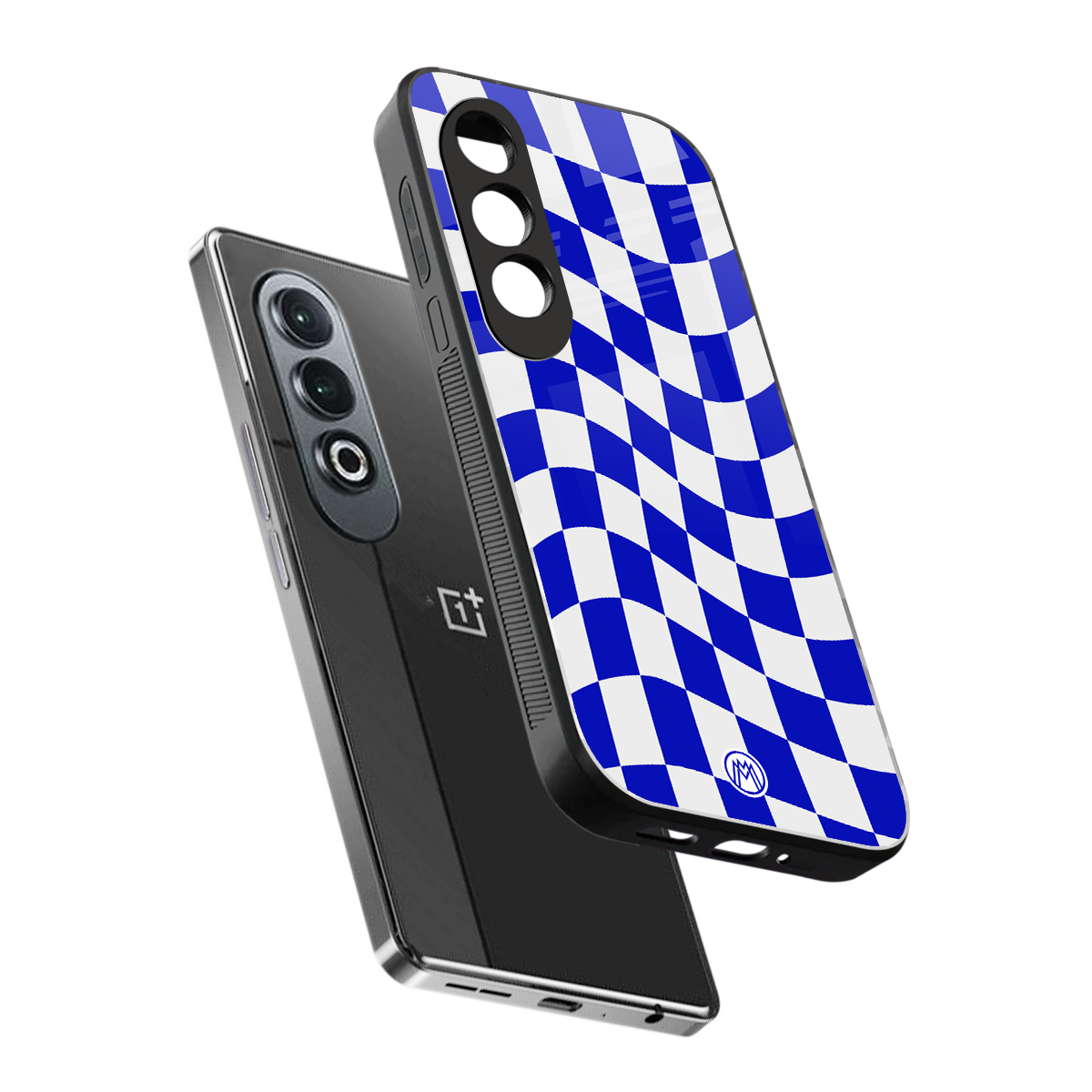 blue white trippy check pattern back phone cover | glass case for oneplus nord ce 4