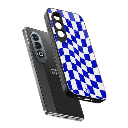 blue white trippy check pattern back phone cover | glass case for oneplus nord ce 4