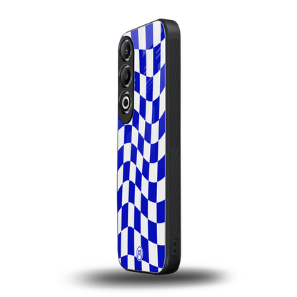 blue white trippy check pattern back phone cover | glass case for oneplus nord ce 4