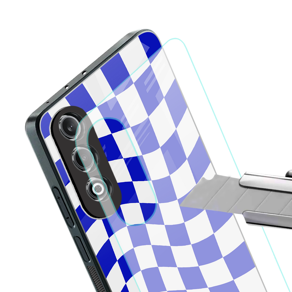 blue white trippy check pattern back phone cover | glass case for oneplus nord ce 4