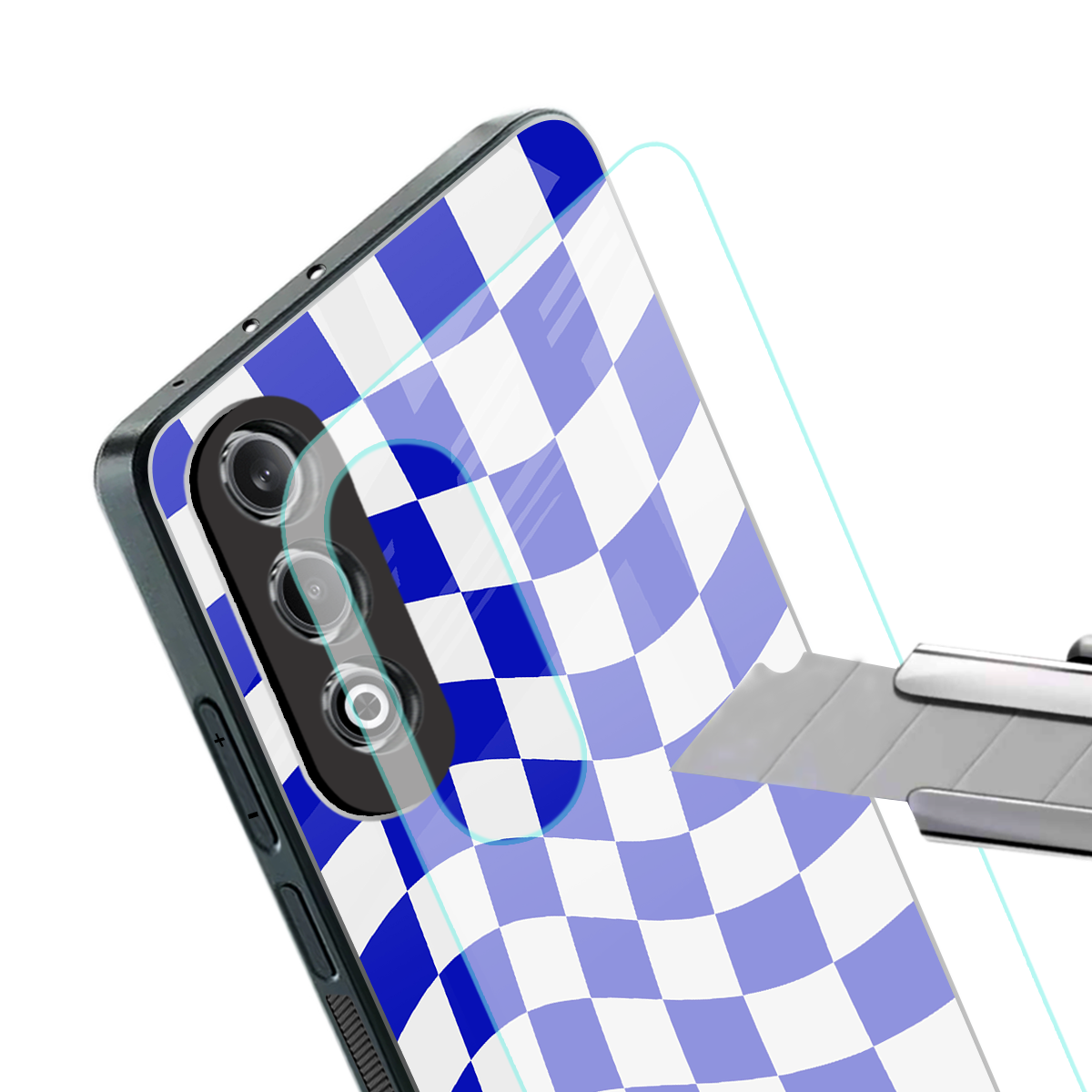blue white trippy check pattern back phone cover | glass case for oneplus nord ce 4