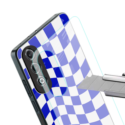 blue white trippy check pattern back phone cover | glass case for oneplus nord ce 4