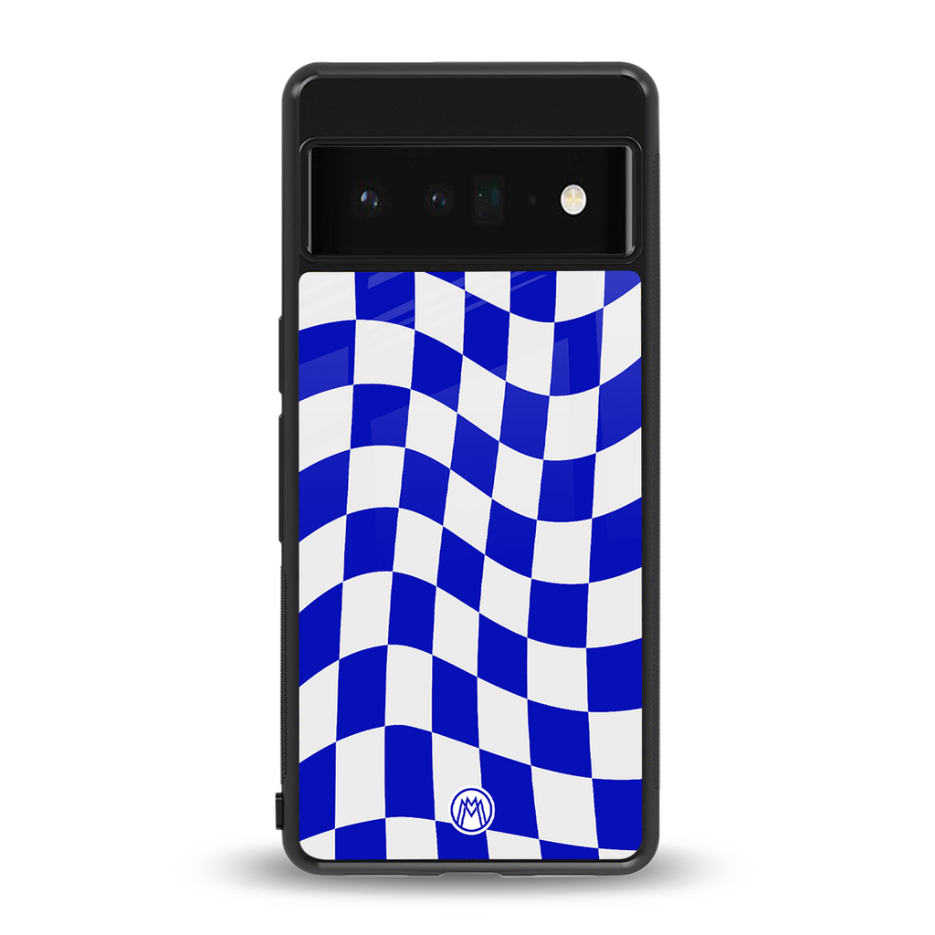 blue white trippy check pattern back phone cover | glass case for google pixel 6 pro
