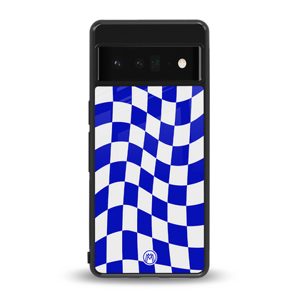 blue white trippy check pattern back phone cover | glass case for google pixel 6 pro
