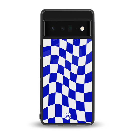 blue white trippy check pattern back phone cover | glass case for google pixel 6 pro